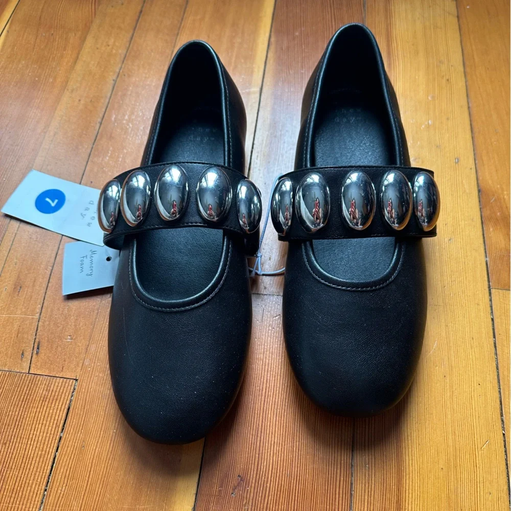 a new day Black Leather Mary Jane Flats with Chunky Silver Chain Strap